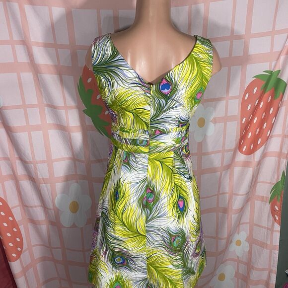 Nanette Lepore Peacock Print Dress W/Pockets Sz 6 Green Multi Lined Pleated - Picture 9 of 11